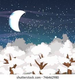 Winter vector landscape with the tops of the snow-covered trees and a starry night sky. New moon