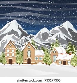 Winter vector landscape with a town of two-story houses in the snow, big firs, snowdrifts and snowfall. Night sky and stars. Mountain peaks covered with snow. Mountain village.