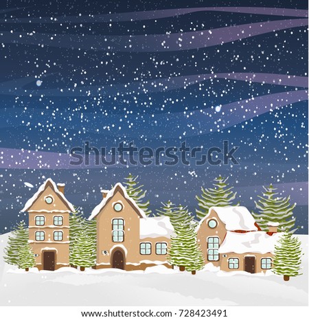 Winter vector landscape with a town of two-story houses in the snow, big firs, snowdrifts and snowfall. Night sky and stars.
