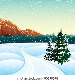 Winter vector landscape with trees, rock and roads