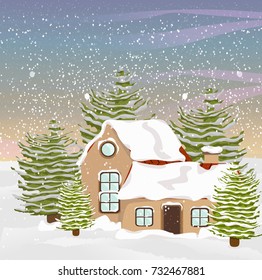 Winter vector landscape. The village house and spruce in the snow. Snowfall and snowdrifts