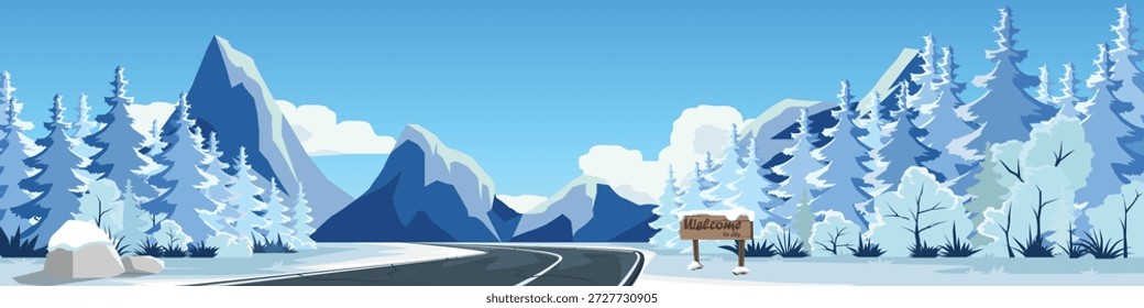 Wintervektorlandschaft mit kurvenreicher Straße durch schneebedeckten Pinienwald und blaue Berge. Kalte Saison Natur Hintergrund Illustration geeignet für Weihnachtsfeiertag und Reisedesign für Banner.