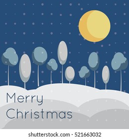 Winter vector landsscape. Stylized festive backdrop. Xmas and new year wallpaper. Trees in winter in the snowdrift. Snowfall at night. Seasonal template and mock up for banner, poster, advertisement