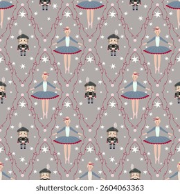 Winter vector pattern with ballerinas and nutcracker toy with red curved frames and white stars. Endless texture on beige background.