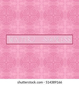 Winter vector pattern with snowflakes on pink background.
