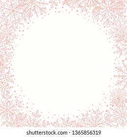 Winter vector pink frame with arabesques and snowflakes. Fine greeting card. Pattern with snowflakes