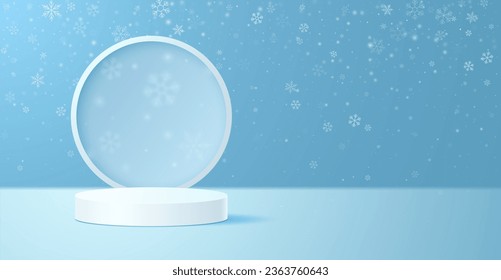 Winter vector podium on the background of a round frame with frosted glass and falling snow.