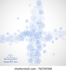 Winter vector poster for Happy New Year and Merry Christmas holidays with blue snowflakes pattern and text.