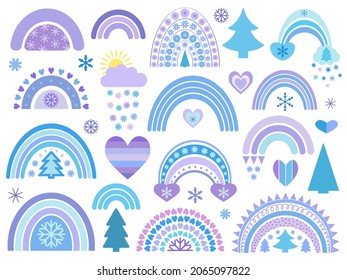 Winter vector rainbow collection in flat style. Cute illustration in blue on the theme of Christmas, New Year, cozy winter. Rainbows, snowflakes, trees, hearts