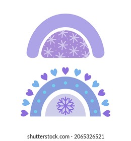 Winter vector rainbow in flat style. Cute illustration in blue on the theme of Christmas, New Year, cozy winter. For design of cards, prints, holiday printing, patterns, wrapping paper