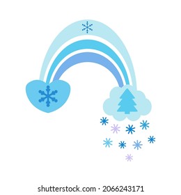 Winter vector rainbow in flat style. Cute illustration in blue on the theme of Christmas, New Year, cozy winter. For design of cards, prints, holiday printing, patterns, wrapping paper