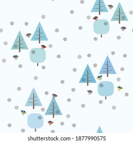 Winter vector seamless pattern with blue forest trees, colorful birds and snowflakes. Cute cartoon childish texture for kids design, wallpaper, textile, wrapping paper, greeting card.
