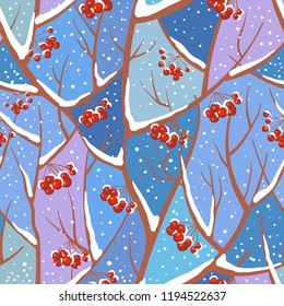 Winter vector seamless pattern with branch, viburnum brush, rowan and snow. Winter cold blue colour. Background, postcard, wallpaper, textile print.