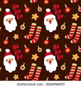 winter vector seamless pattern with cartoon Christmas elements. New Year's background. Santa Claus, striped socks, Christmas tree toys, stars.