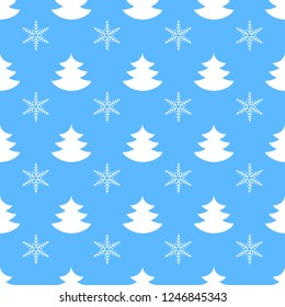 Winter vector seamless pattern with Christmas tree and snowflakes on blue background