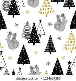 Winter vector seamless pattern with cute fox and Christmas decorations.Fashion print design.T-shirt.Kids wear.Tee.Cute graphics for kids.