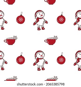 Winter vector seamless pattern with cute illustration. Nice elements: snowman, cup with marshmello, ball. Illustration for wrapping paper, textile, decoration.