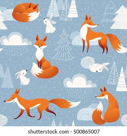 Winter vector seamless pattern with cute foxes and rabbits and Christmas decorations