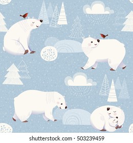 Winter vector seamless pattern with cute polar bears and Christmas decorations