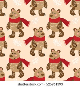 Winter vector seamless pattern with cute bears