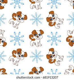 Winter vector seamless pattern with cute cartoon dog and snowflakes for kids. Merry Christmas and Happy New year background for design of textile, texture, fabric