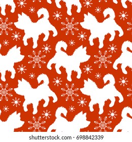 Winter vector seamless pattern with cute dog and snowflakes for kids. Merry Christmas and Happy New year background for design of textile, texture, fabric