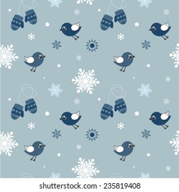 Winter vector seamless pattern featuring cute bird and snowflakes 