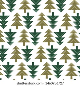 Winter vector seamless pattern with geometric Christmas tree in different green on white background.