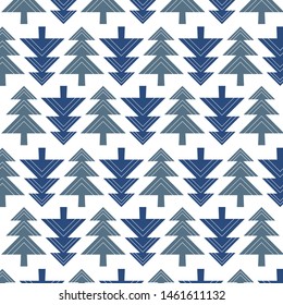 Winter vector seamless pattern with geometric Christmas tree in different blue on white background.