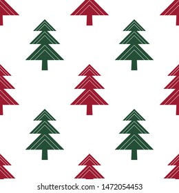Winter vector seamless pattern with geometric Christmas tree in green and red on white background.