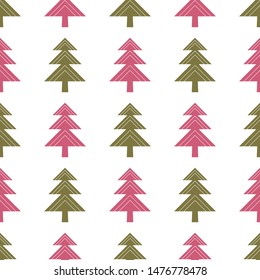 Winter vector seamless pattern with geometric Christmas tree in green and red on white background.