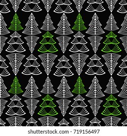 Winter vector seamless pattern with geometric Christmas tree in white and green on black background.