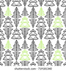 Winter vector seamless pattern with geometric Christmas tree in black and green  on white background.