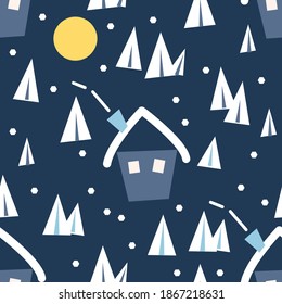 Winter vector seamless pattern. Night landscape, house, fir-trees, moon. Design for wallpaper, wrapper, packaging, card, poster. Winter holiday design.