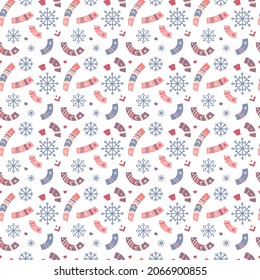 Winter vector seamless pattern. Snowflakes and elements of folk ornament on a light background. Suitable for cards, Christmas cards, invitations, greetings, paper and others.