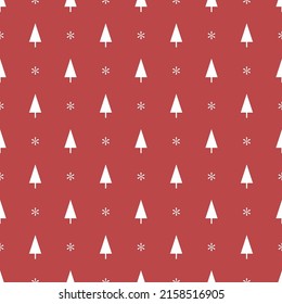 Winter vector seamless pattern with snowflakes and Christmas tree in red color