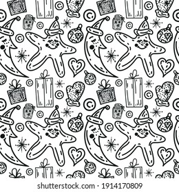 Vector de invierno sin fisuras con estrellas, meses, cajas de regalo, corazones, copos de nieve, bolas, mitones, bancos con decoración mágica y navideña.