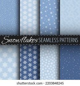 Winter vector seamless patterns collection. White snowflakes on blue background. Best for textile, print, wrapping paper, package and seasonal decoration.