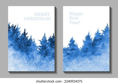 Winter vector set art watercolor Christmas background with winter forest for cover, cards, flyer, poster. Hand drawn illustration. Brushstrokes watercolour texture. Merry Christmas! Happy New Year!