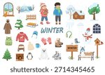 Winter vector set with clipart of kids in winter clothes, snowman, animals, cabins, trees, winter accessories, snowy landscapes, and cozy seasonal elements. Flat vector in cartoon style