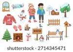 Winter vector set with clipart of kids in winter clothes, snowman, animals, cabins, trees, winter accessories, snowy landscapes, and cozy seasonal elements. Flat vector in cartoon style