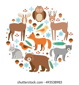 winter vector set of flat animals. forest dwellers. wolf, fox, deer, elk, bear, rabbit, owl, bird. on an isolated background. zoo cartoon set.