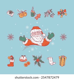 Winter Vector Set of Hand Drawn Outline Christmas and New Year Elements. Happy Santa Claus and Christmas Decorations, Gifts, Treats.