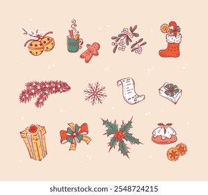 Winter Vector Set of Hand Drawn Outline Christmas and New Year Elements. Christmas Decorations, Gifts, Treats.