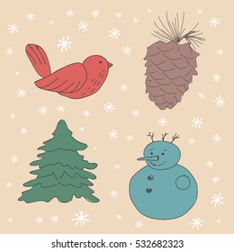 winter vector set of icons. Fir tree, snowman, bird, pine nuts. Cute winter children's illustration