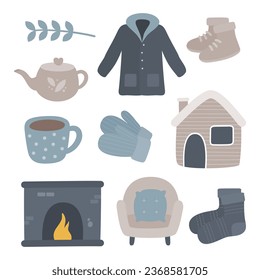 Winter vector set, illustration of house, fireplace, teapot, armchair, socks, mittens, shoes, cup, coat, leaves