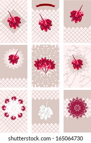 winter vector set of pink backgrounds with compositions of barberry and snowflakes