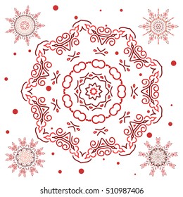 Winter vector sketch with arabesques, doodles and brown and red snowflakes. Fine greeting card. Colorful snowflakes set on white background.