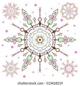 Winter vector sketch with arabesques, doodles and brown and green snowflakes. Fine greeting card. Colorful snowflakes set on white background.