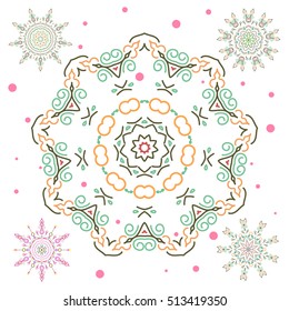 Winter vector sketch with arabesques, doodles and green and orange snowflakes. Fine greeting card. Colorful snowflakes set on white background.